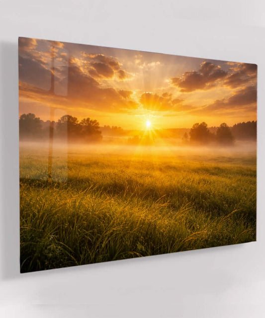 Glas Schilderij Oranje Zonlicht Grasland