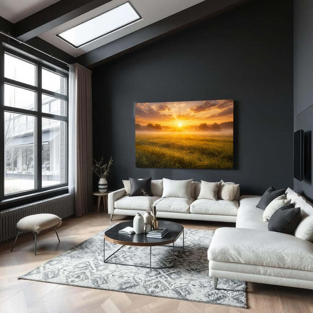 Glas Schilderij Oranje Zonlicht Grasland woonkamer