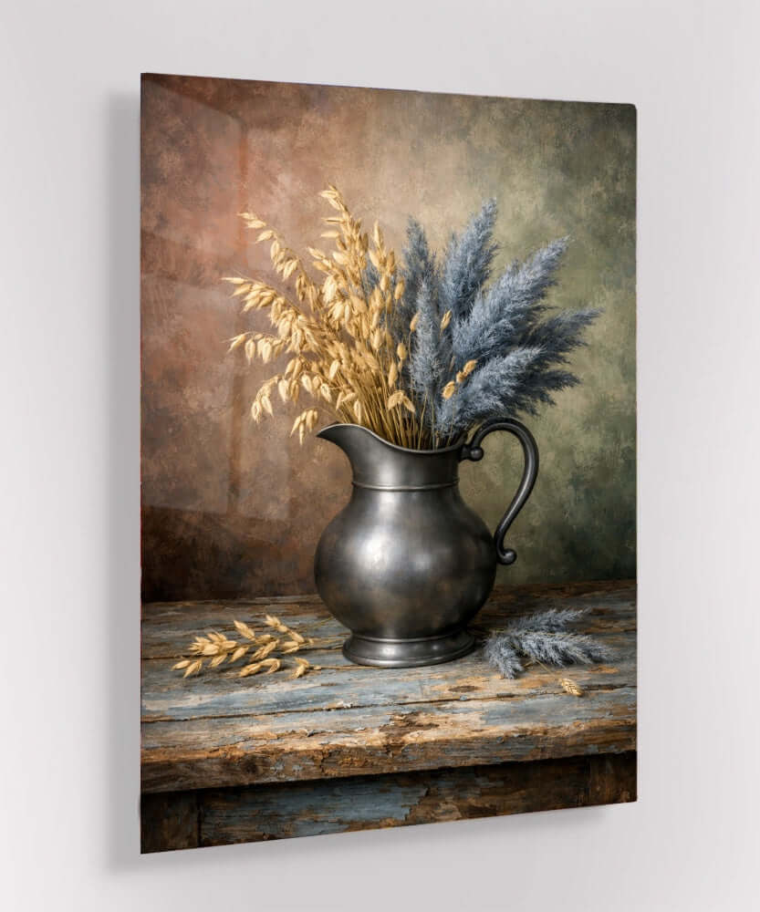 Glas Schilderij Pampasgras met Gouden Korenaren Antieke Kan