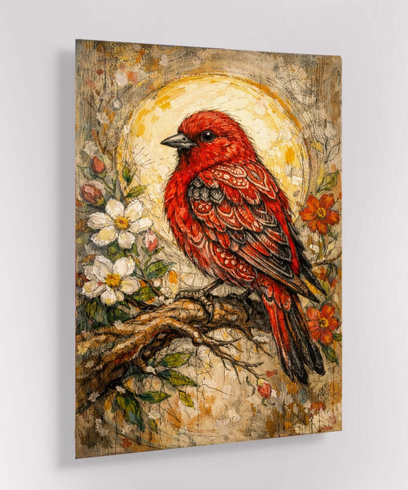 Glas Schilderij Rode Vogel met Bloemen