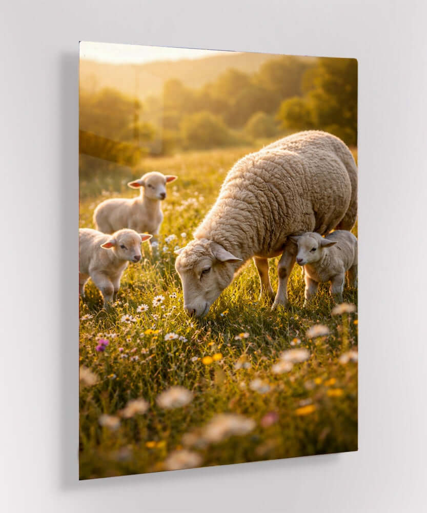 Glas Schilderij Schaap met Schattige Lammeren