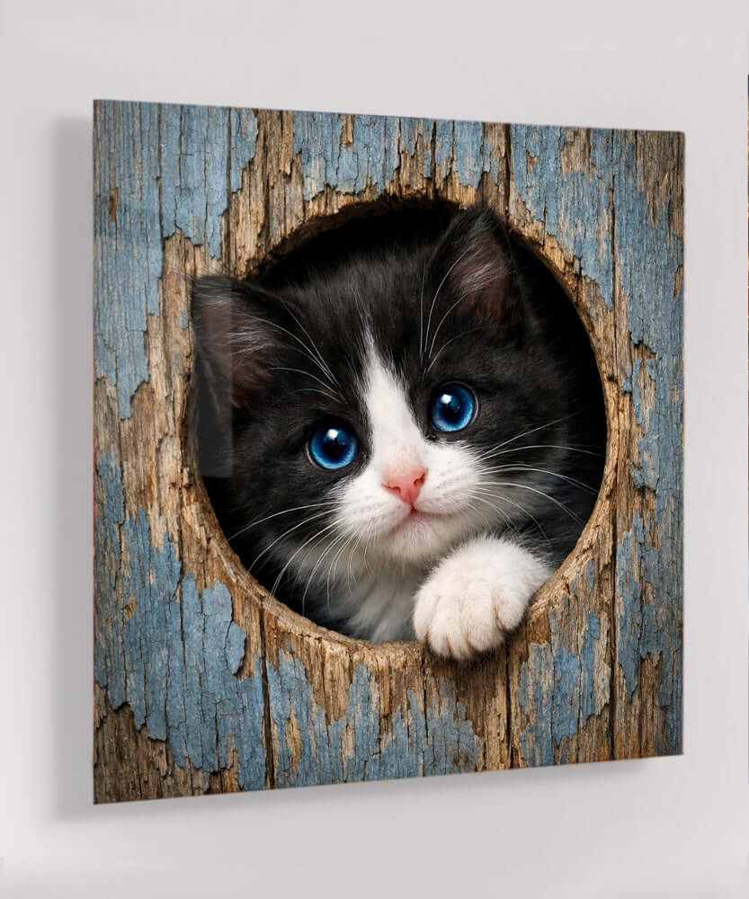Glas Schilderij Schattig Zwart-Wit Kitten uit Oude Houten Plank