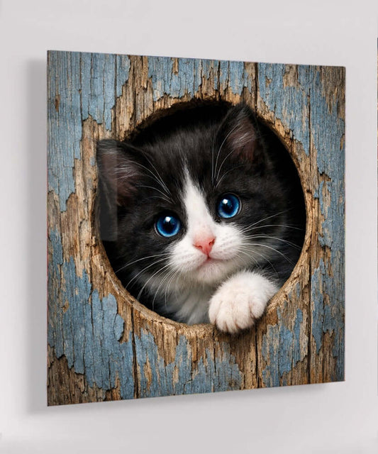 Glas Schilderij Schattig Zwart-Wit Kitten uit Oude Houten Plank