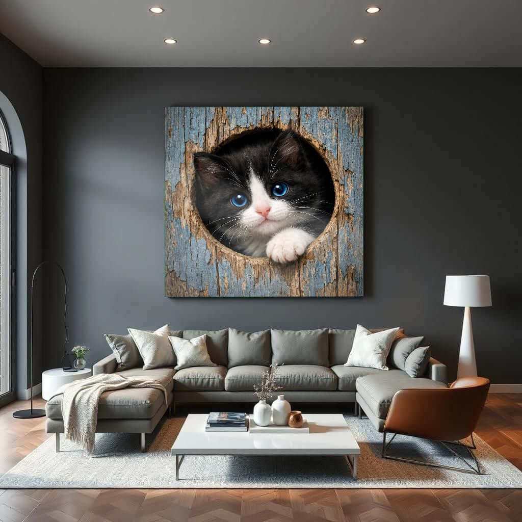 Glas Schilderij Schattig Zwart-Wit Kitten uit Oude Houten Plank woonkamer