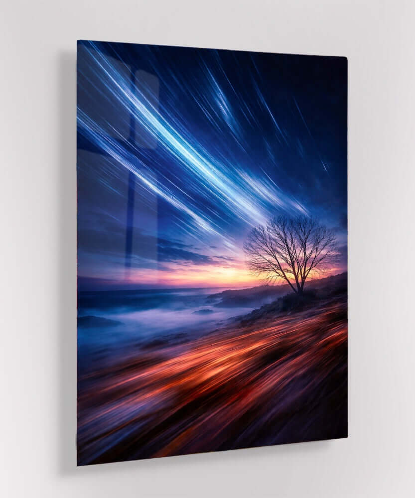 Glas Schilderij Sterrenstrepen bij Zonsondergang