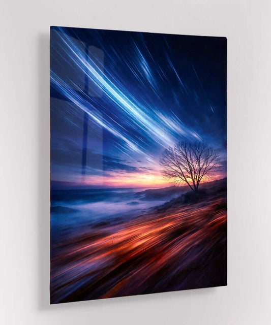 Glas Schilderij Sterrenstrepen bij Zonsondergang