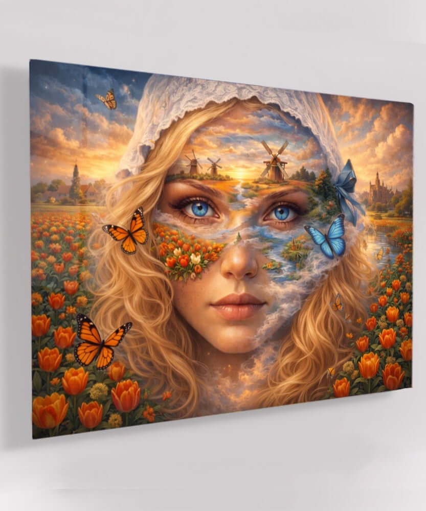 Glas Schilderij Tulpenvelden Portret met Windmolens