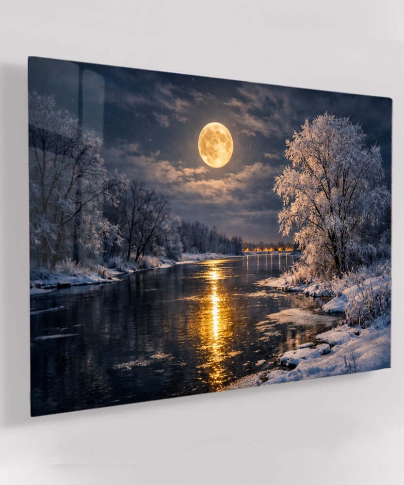 Glas Schilderij Volle Maan Winterlandschap