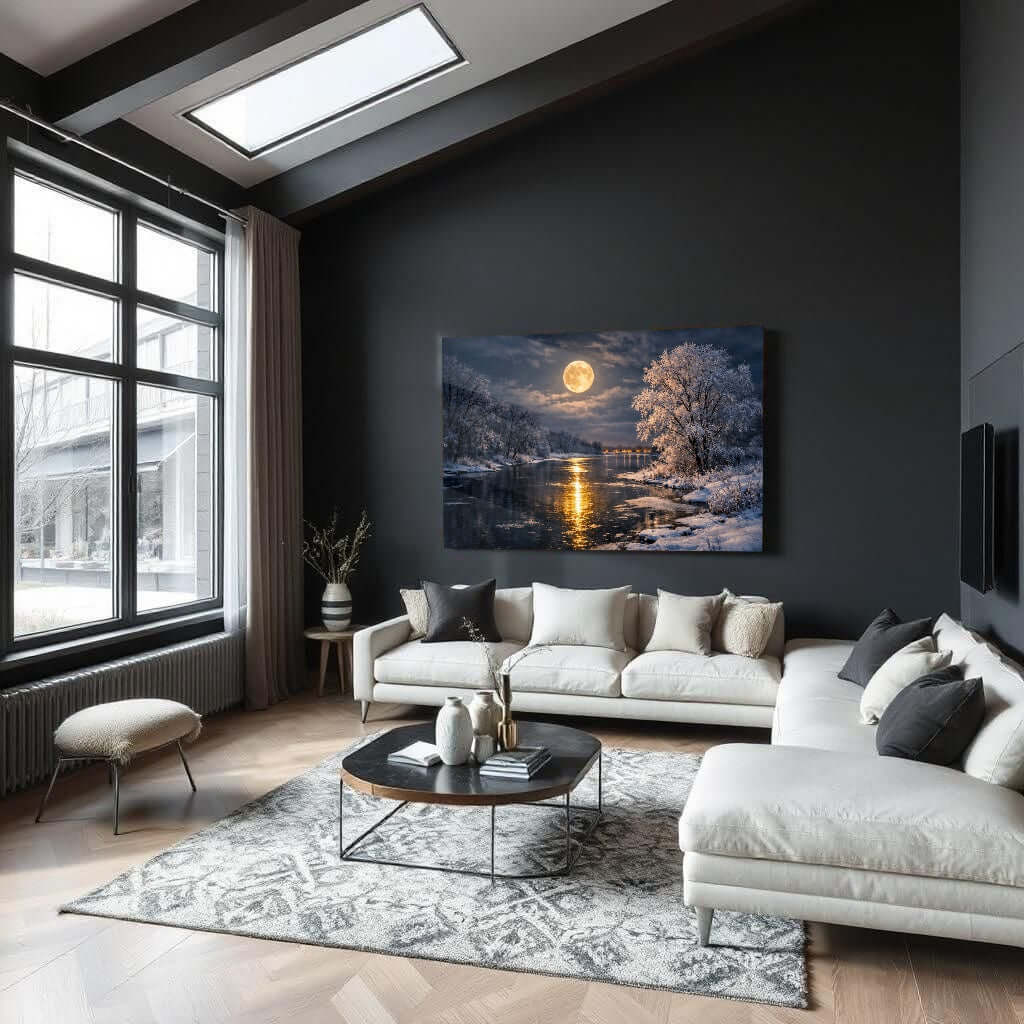 Glas Schilderij Volle Maan Winterlandschap woonkamer