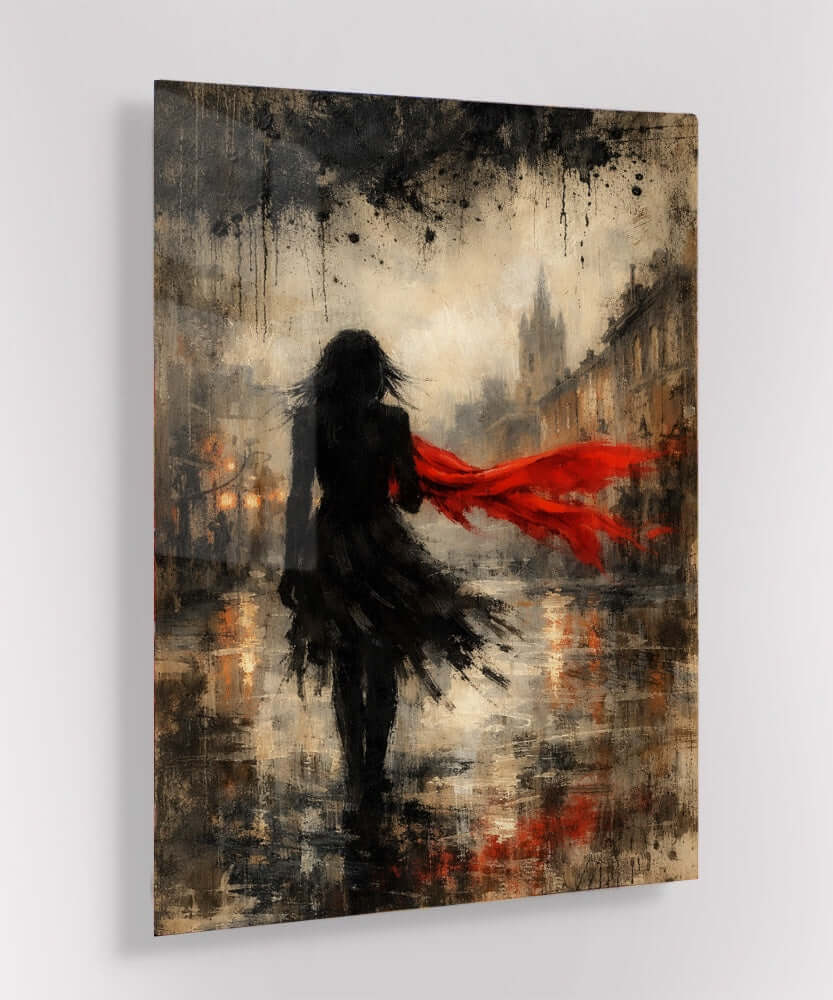 Glas Schilderij Vrouw met Rode Sjaal Regenstad