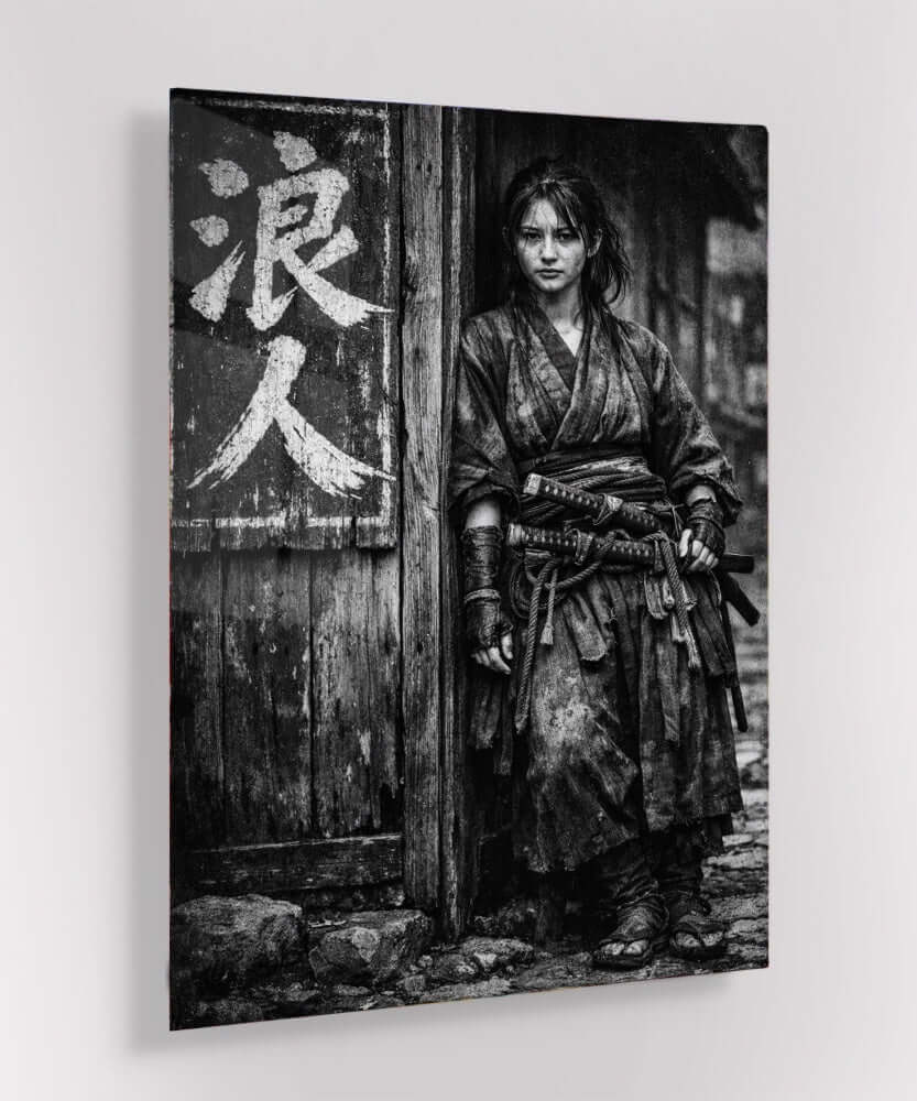 Glas Schilderij Vrouwelijke Samurai met Geest Kanji