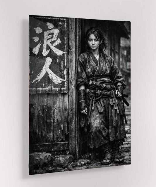 Glas Schilderij Vrouwelijke Samurai met Geest Kanji
