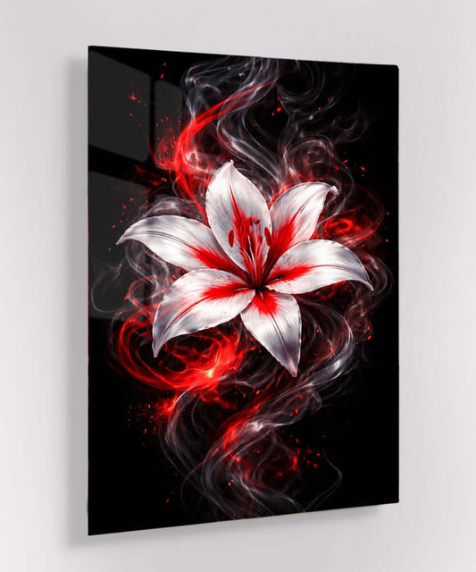 Glas Schilderij Vuurrode Lelie op Zwart