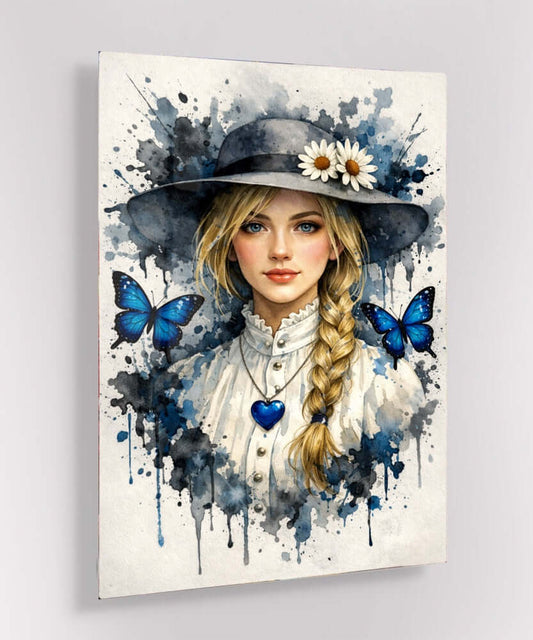 Glas Schilderij Watercolor Portret Vrouw Hoed Butterflies