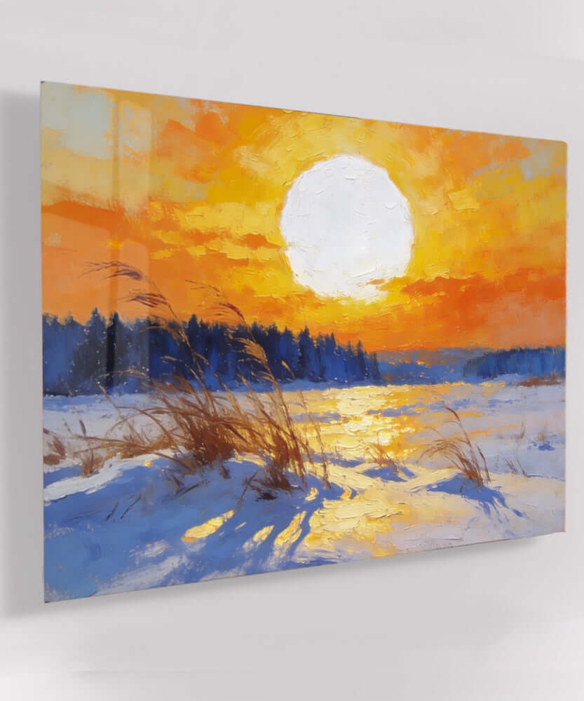 Glas Schilderij Winter Sunset over Snowy Reeds