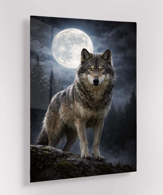 Glas Schilderij Wolf bij Volle Maan Mysterieus