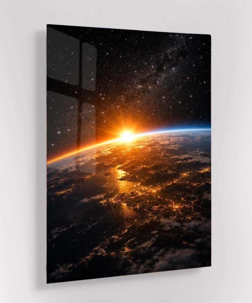 Glas Schilderij Zonsopgang Aarde vanuit Ruimte