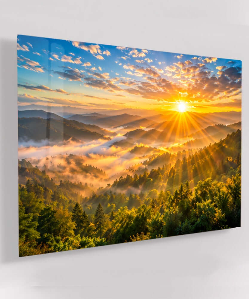 Glas Schilderij Zonsopgang Bergen Mist