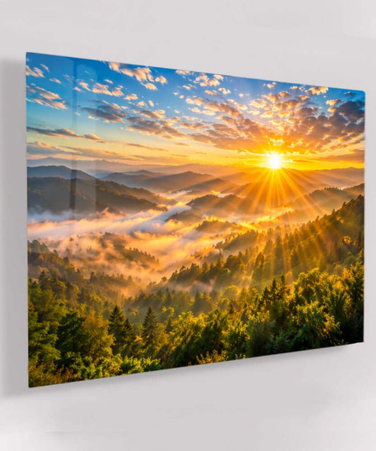 Glas Schilderij Zonsopgang Bergen Mist