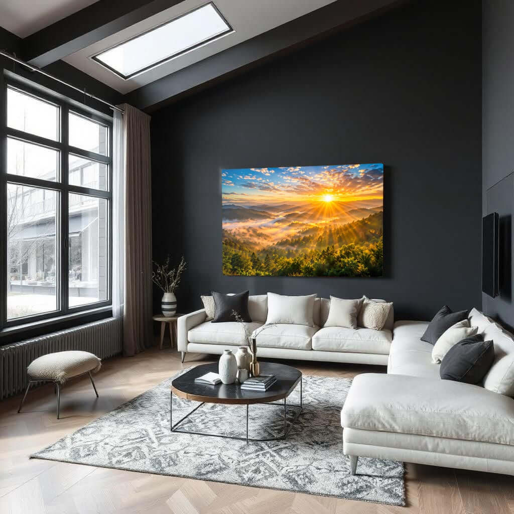 Glas Schilderij Zonsopgang Bergen Mist woonkamer