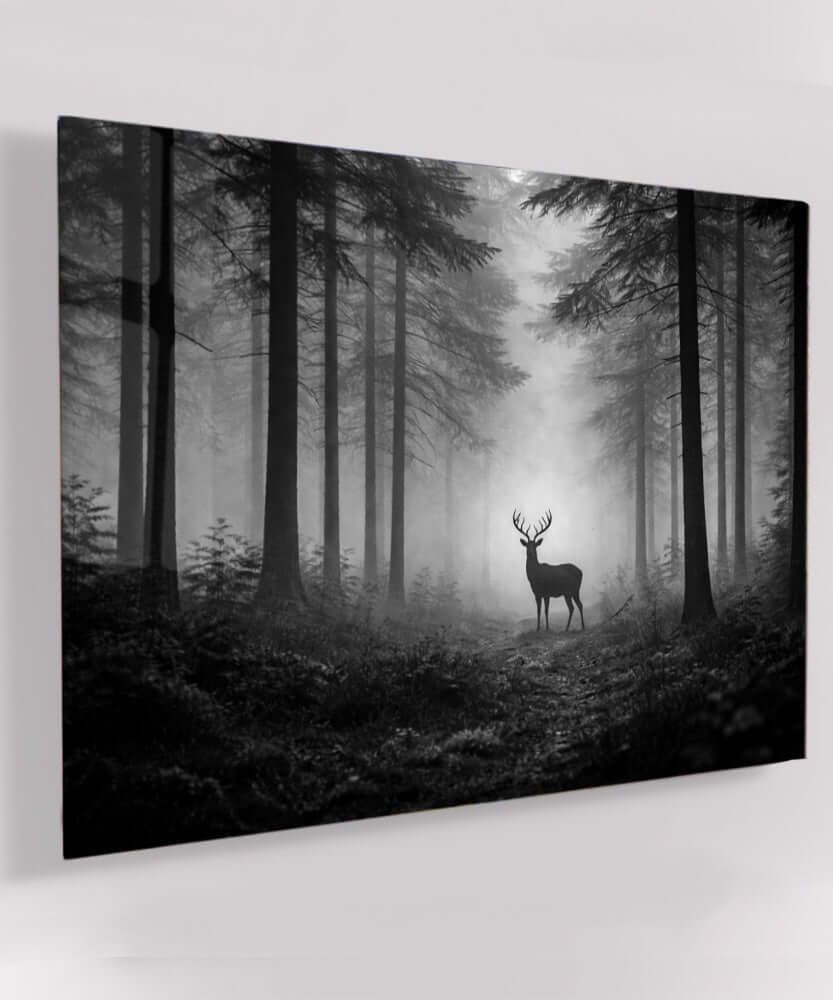 Glas Schilderij Zwart Wit Hert Bos