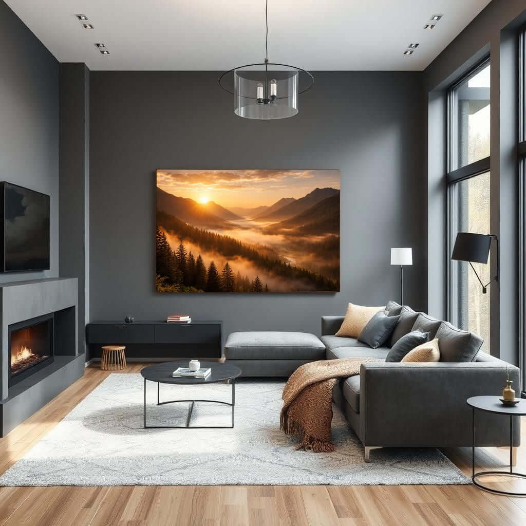 Canvas Schilderij Zonsondergang Mistige Bergen Bosvallei in moderne woonkamer met haard