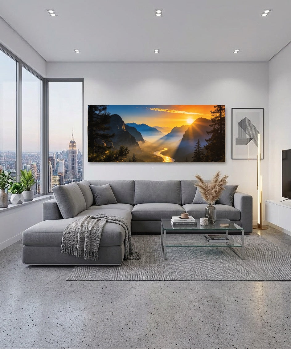 Canvas Schilderij Panorama Bergvallei Zonsopgang