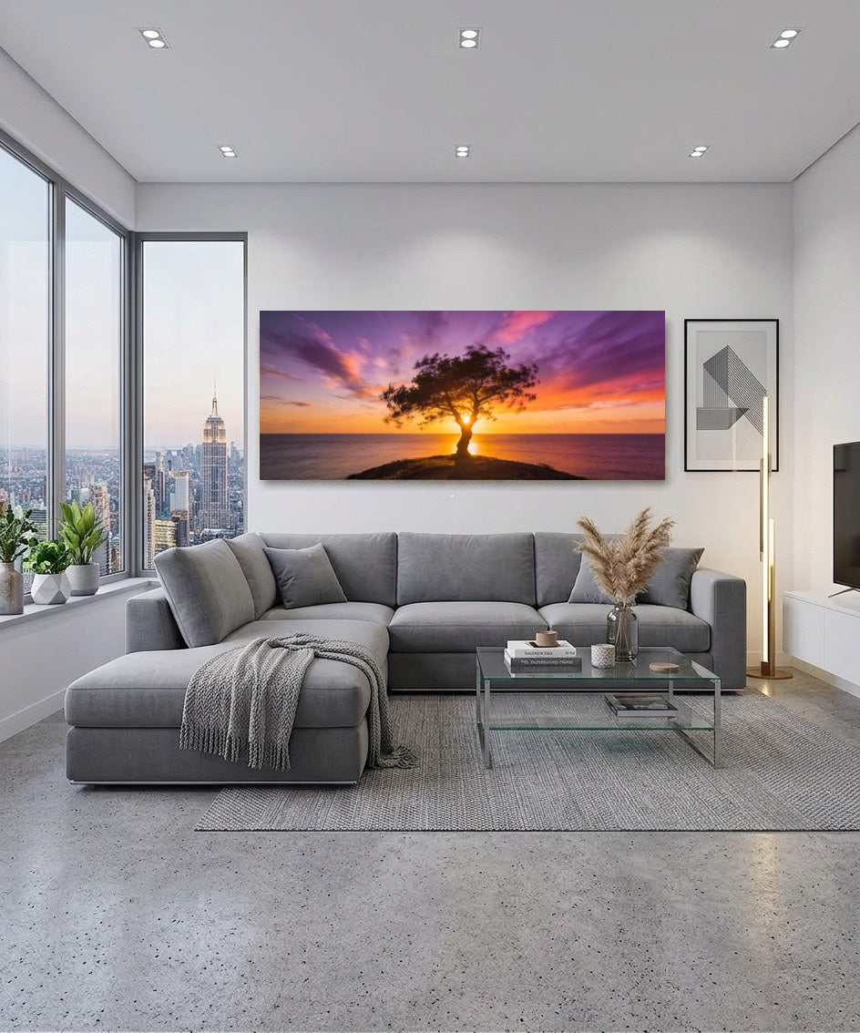 Canvas Painting Sunset with Tree on Sea