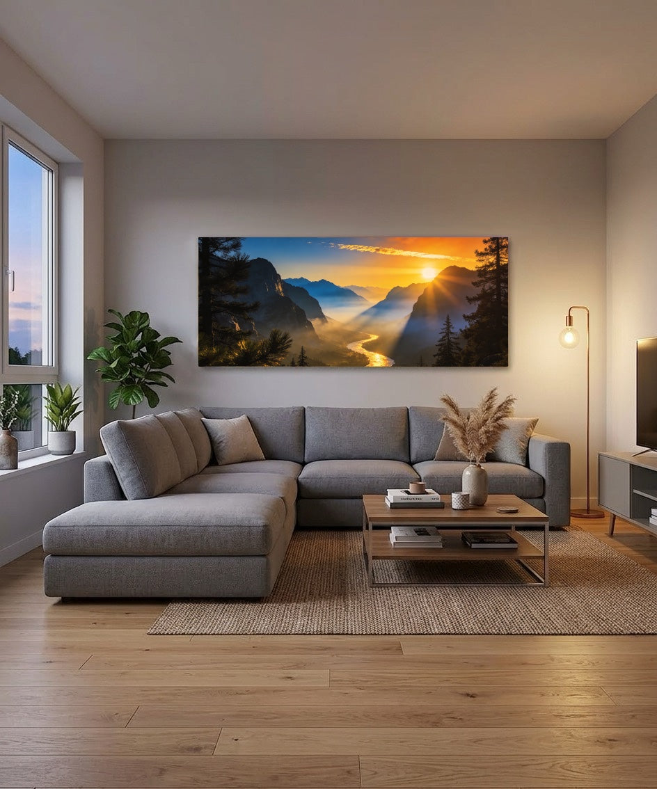 Canvas Schilderij Panorama Bergvallei Zonsopgang