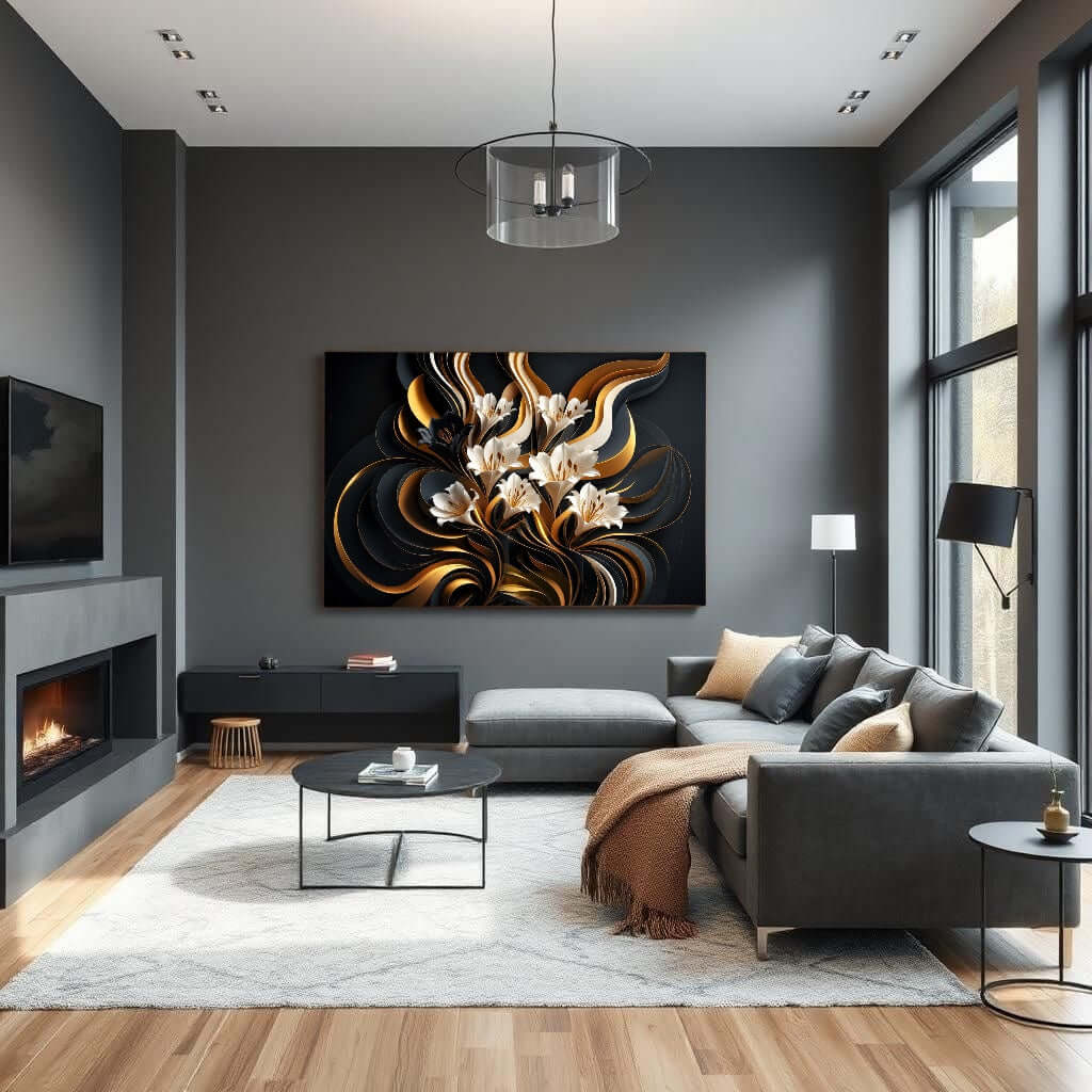 Canvas Schilderij abstracte bloemen in een stijlvolle woonkamer met moderne inrichting