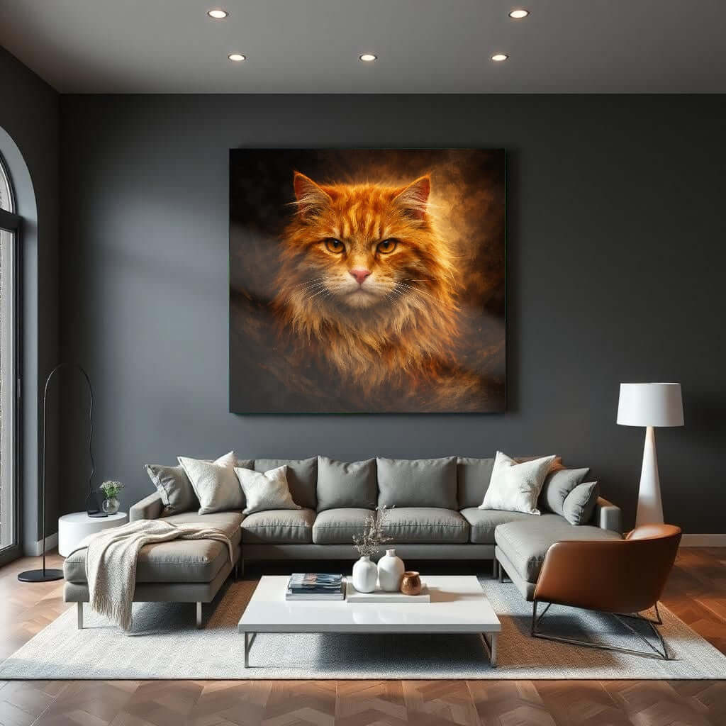 Glas Schilderij Vurige Rode Kat in moderne woonkamer met stijlvolle meubels en neutrale kleuren.