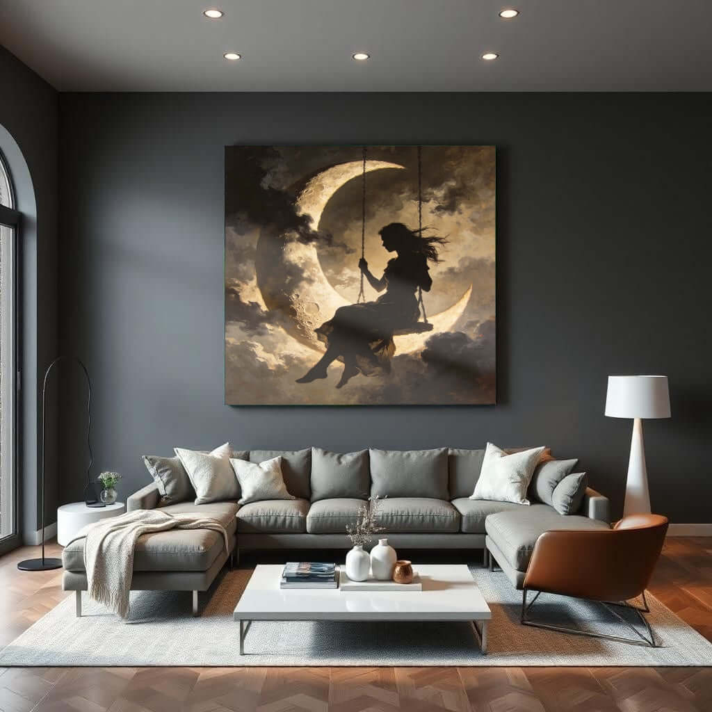 Glas Schilderij Vrouw op Maan Schommel Silhouet in modern interieur met stijlvolle meubels.
