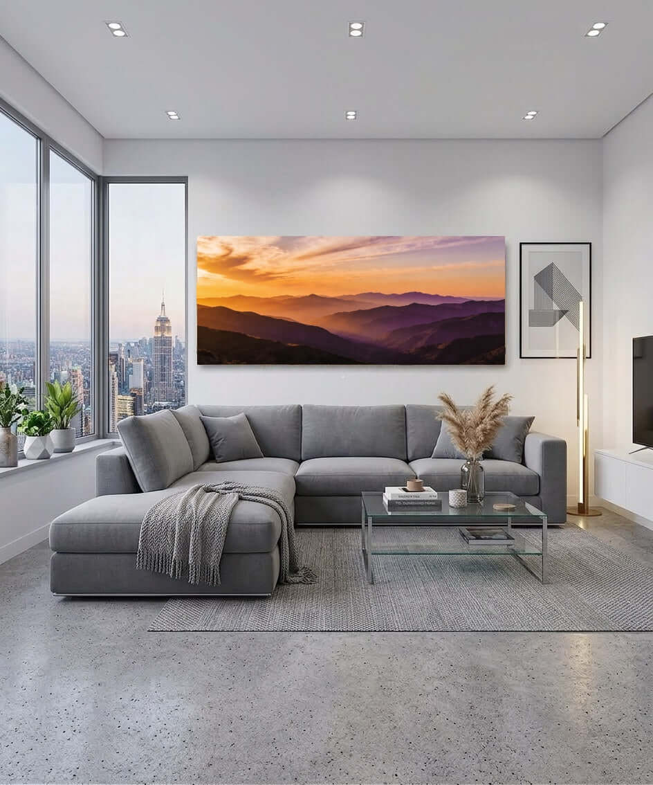 Canvas Schilderij Panoramisch Berglandschap in modern interieur met uitzicht op de stad