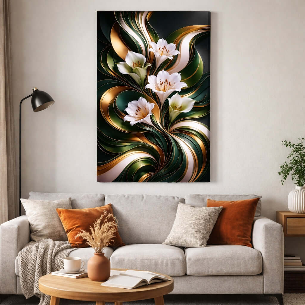 Luxe Gouden Lelies Canvas Schilderij in een stijlvolle woonkamer met planten en moderne inrichting.