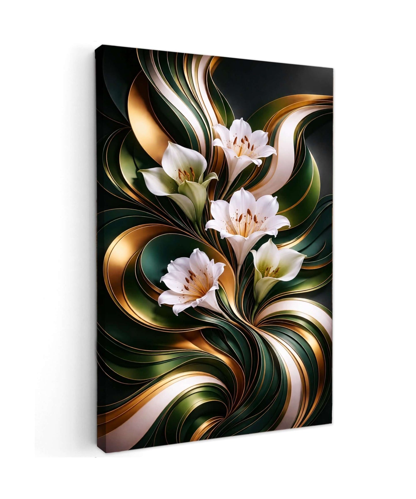 Luxe Gouden Lelies Canvas Schilderij met abstract groene en gouden achtergrond en delicate bloemen.
