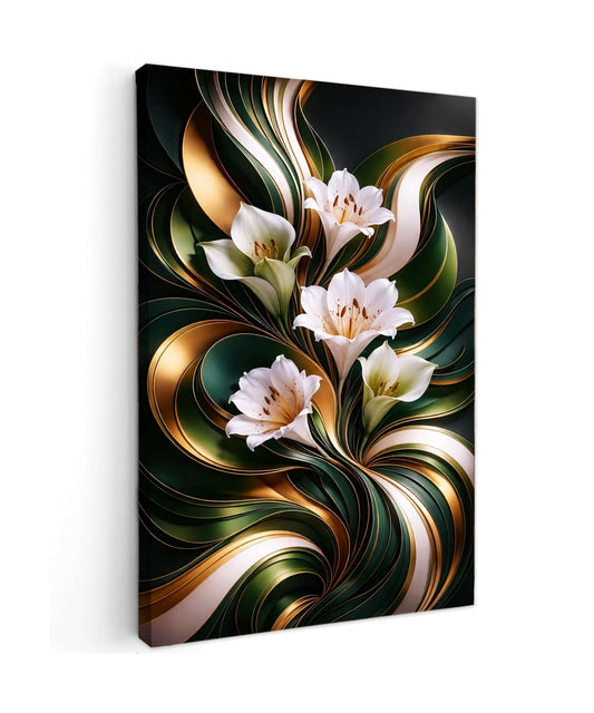 Luxe Gouden Lelies Canvas Schilderij met abstract groene en gouden achtergrond en delicate bloemen.