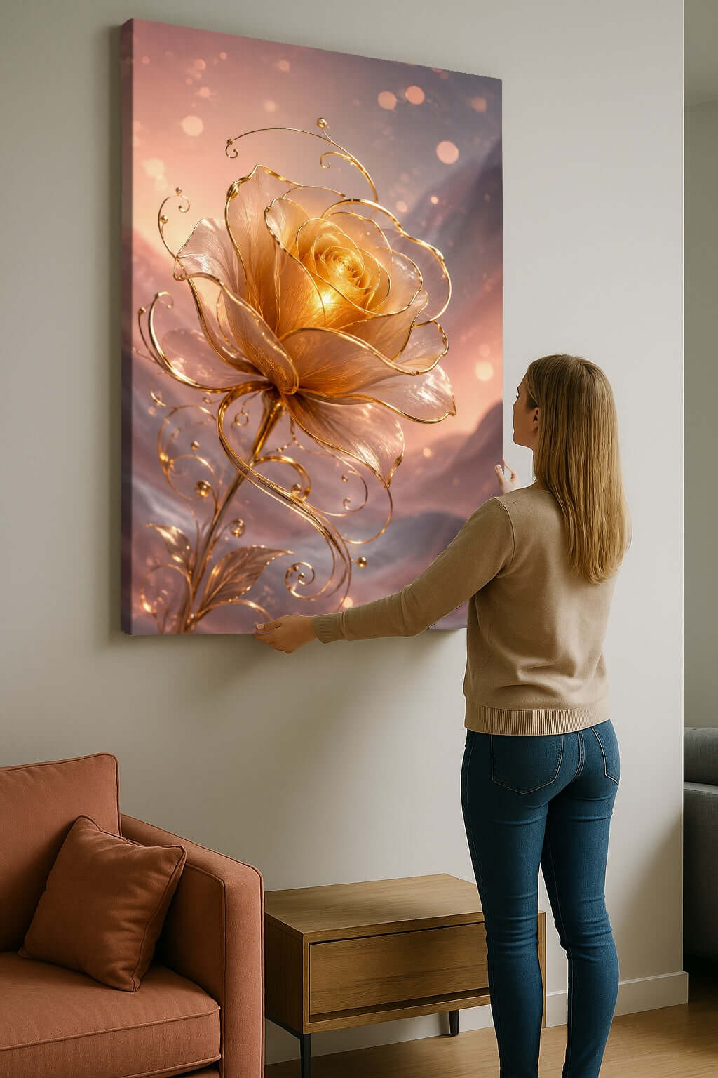 Luxe Gouden Roos Canvas Schilderij