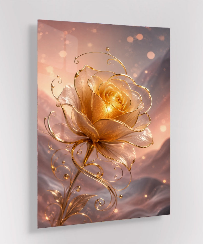 Luxe Gouden Roos Glas Schilderij