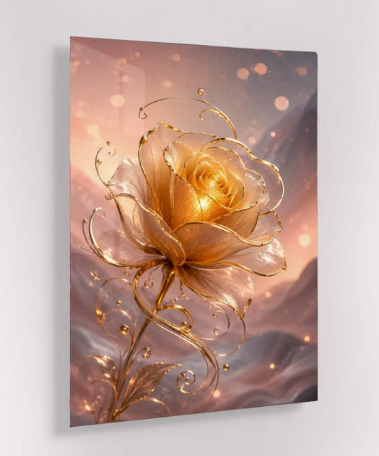 Luxe Gouden Roos Glas Schilderij
