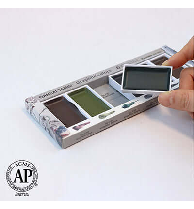 Gansai Tambi Graphite Colors set met professionele waterbasis verf en diepe grafiettinten voor kunstenaars.