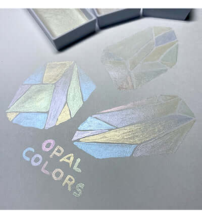 Gansai Tambi Opal Colors, kleurrijke opal kleuren in een abstracte steenachtige vorm op een lichte achtergrond.