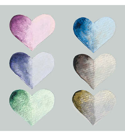 Gansai Tambi Opal Colors hartvormige kleurstalen in pastelkleuren en aquareltextuur.
