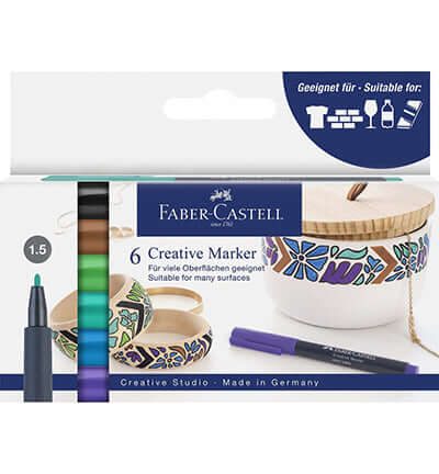 Faber-Castell Goldfaber Creative Marker verpakking met zes kleurrijke stiften voor verschillende ondergronden.