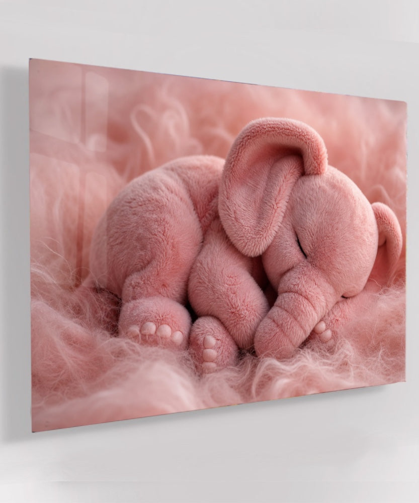 Roze Slapende Olifant Glas Schilderij — Babykamer Print