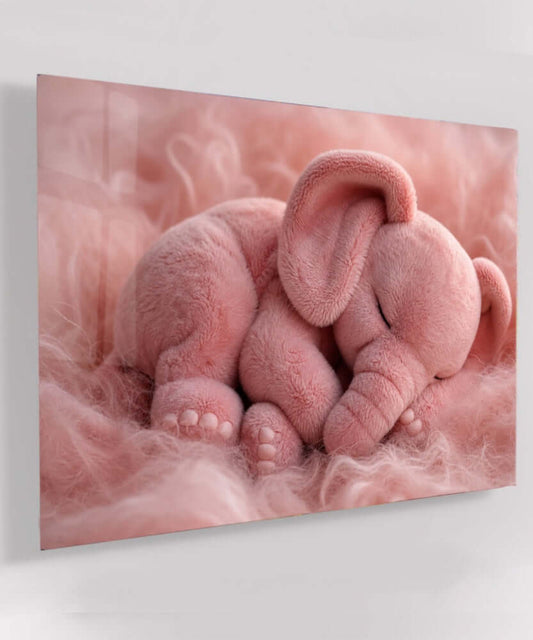 Roze Slapende Olifant Glas Schilderij — Babykamer Print