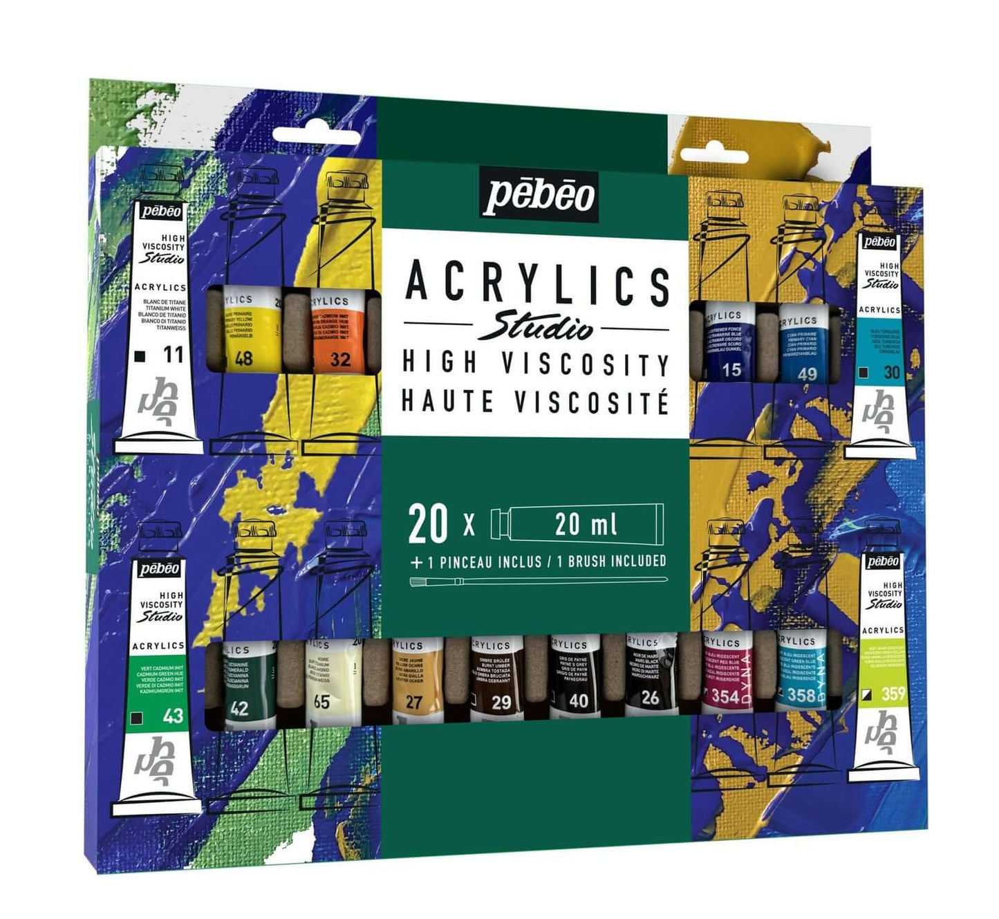 Studio Acrylics acrylverfset van Pébéo met 20 tubes en 1 penseel, ideale keuze voor creatieve projecten.