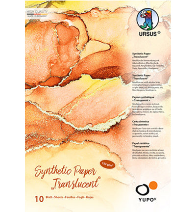 Ursus Synthetisch Yupo Papier Translucent Wit verpakking met 10 vellen voor kunstwerken en mixed-media technieken.