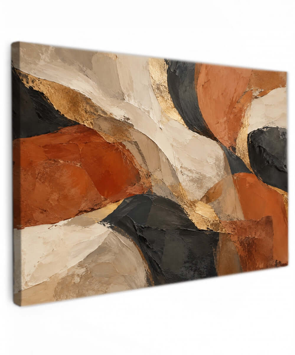 Abstract canvas schilderij met organische vormen in terracotta, beige, antraciet en goudtinten