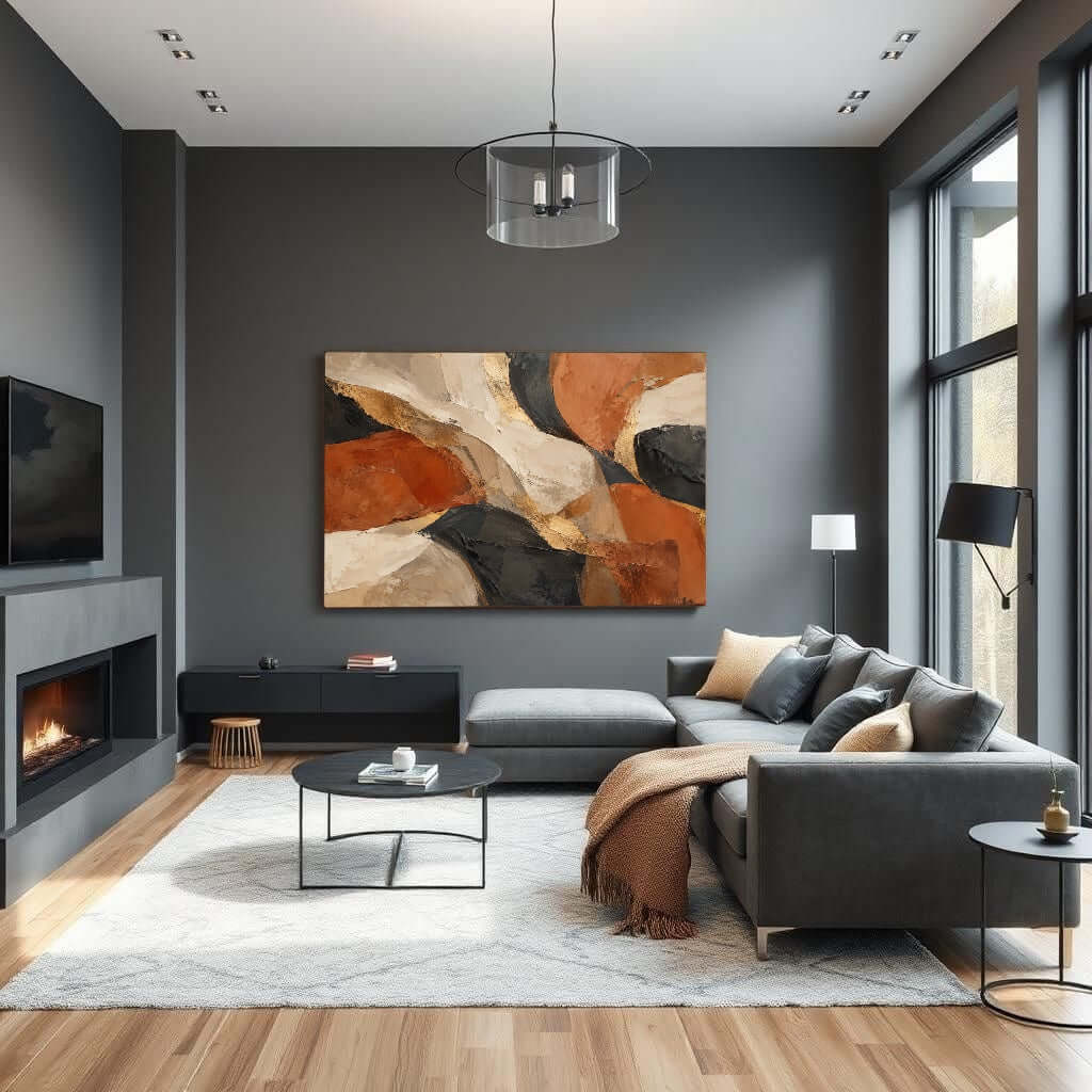 Aarde in Balans abstract canvas schilderij in terracotta en zandkleur in modern interieur
