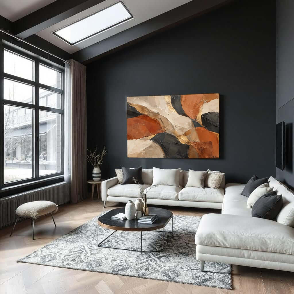 Abstract glasschilderij terracotta Aarde in Balans in modern interieur met zwart accent en lichte meubels